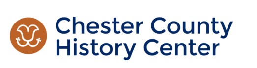 Logo of the chester county history center featuring stylized rams' horns within a circular orange emblem beside the center's name in blue lettering.